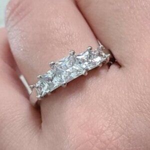 Vintage Boho Sterling Silver 925 5 Stone Square Princess Cut CZ Crystal Ring